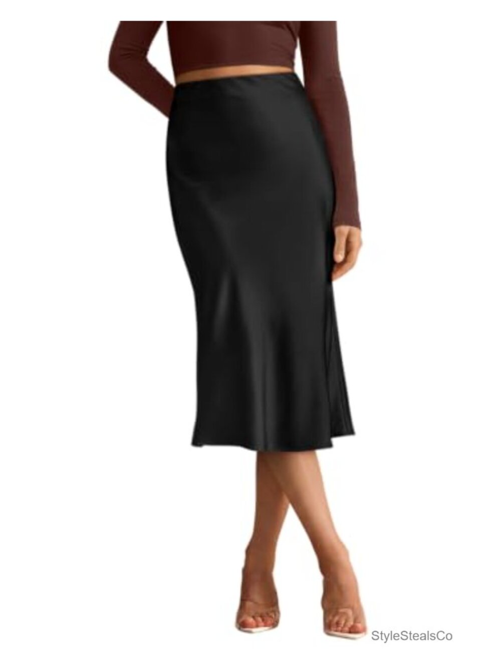 Women's Satin Midi Skirt High Waisted A-Line Hidden Elastic Waist